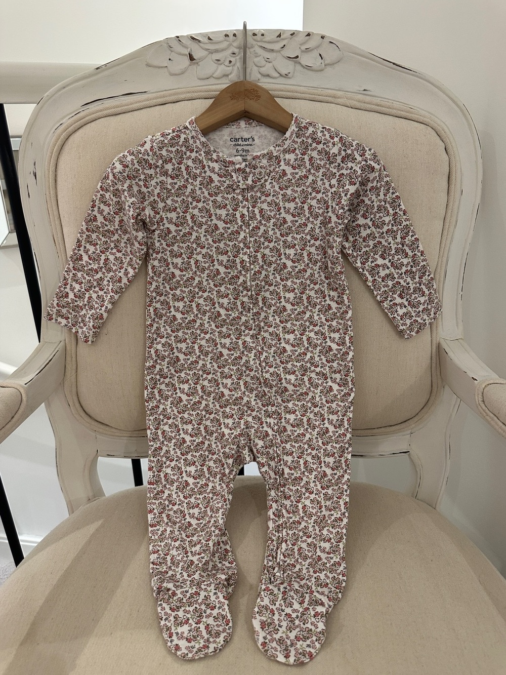 🤍 6~9 Mth Cottage Core Floral Print 100% cotton Footed Sleeper in Ivory NWT
